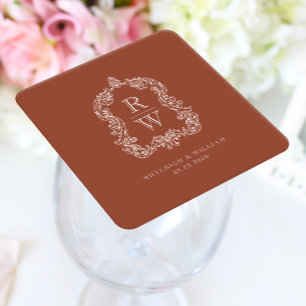 Dessous-de-verre Carré En Papier Noms de blason de monogramme vintage Terracotta Ma