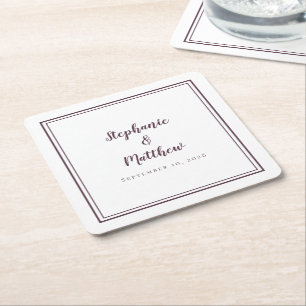 Dessous-de-verre Carré En Papier Noms de Mariage violet Date Simple Moderne Minimal