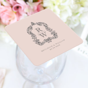 Dessous-de-verre Carré En Papier Noms vintages de crête de monogramme Mariage rose