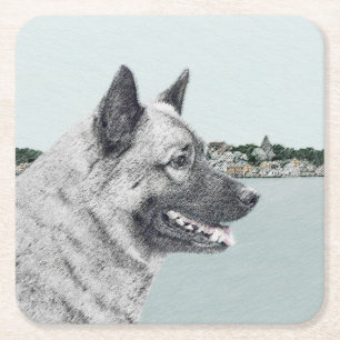 Dessous-de-verre Carré En Papier Norwegian Elkhound à la peinture de village - Art