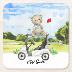 Dessous-de-verre Carré En Papier Noun ours en peluche de golf dans un chariot de go