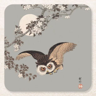 Dessous-de-verre Carré En Papier Nuit Japonaise Chouette Lune Bois Coupe Flying Nig