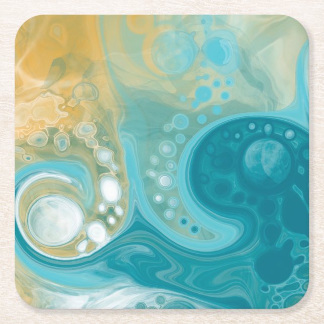 Dessous-de-verre Carré En Papier Ocean Blue Waves et Sandy Brown Fluid Art (Devant)