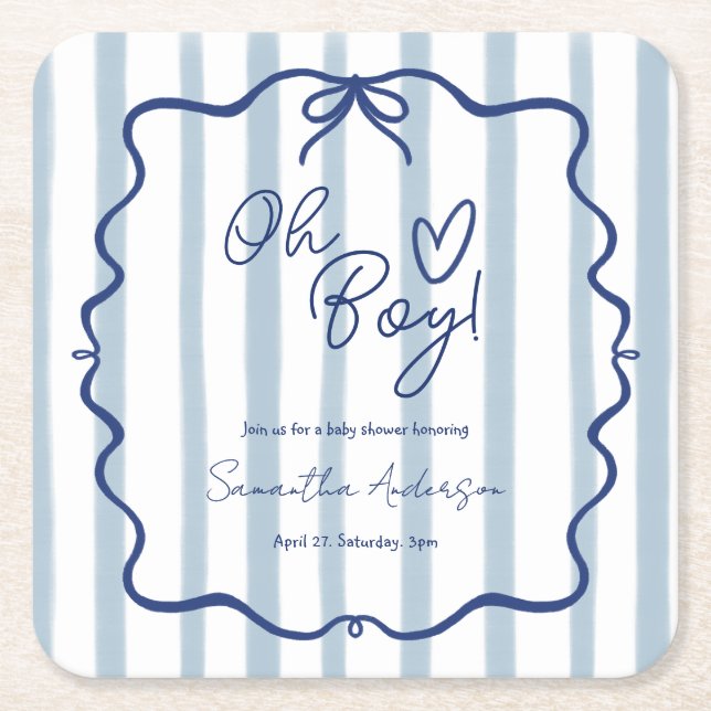 Dessous-de-verre Carré En Papier Oh Boy Cute Moderne Baby shower Bleu Stripes (Devant)