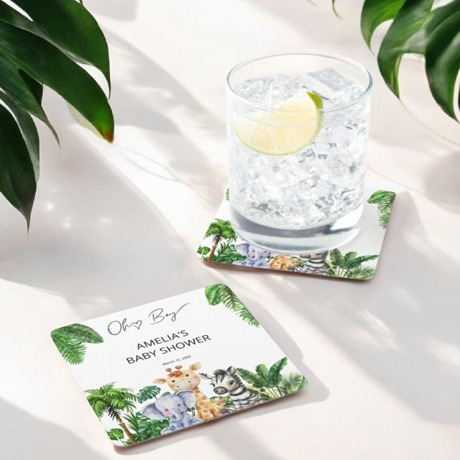 Dessous-de-verre Carré En Papier Oh Boy Jungle Animal Safari Baby shower Garçon (Créateur téléchargé)