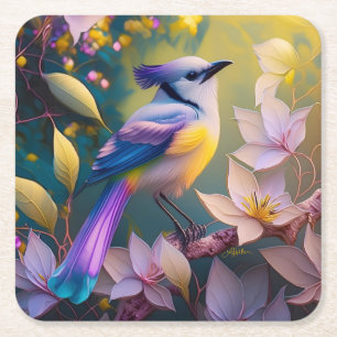 Dessous-de-verre Carré En Papier Oiseau à poitrine jaune violet