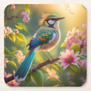 Dessous-de-verre Carré En Papier Oiseau fantastique à tête verte et ailes de sarcel