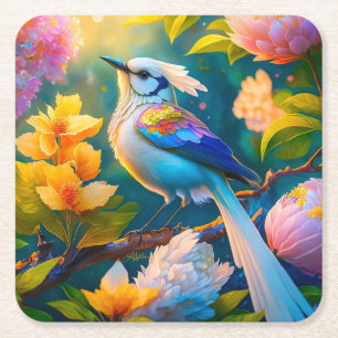 Dessous-de-verre Carré En Papier Oiseau Fantastique Geai à Ailes Arc-en-ciel