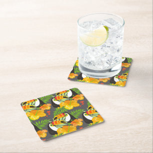 Dessous-de-verre Carré En Papier Oiseau Toucan Orange Fleurs Tropicales Feuilles Ve