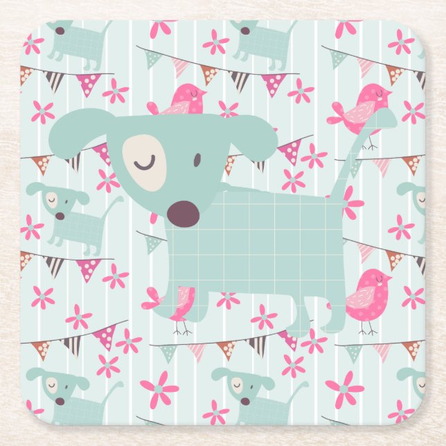 Dessous-de-verre Carré En Papier Oiseaux, Chiens, Bannières, Fleurs (Devant)