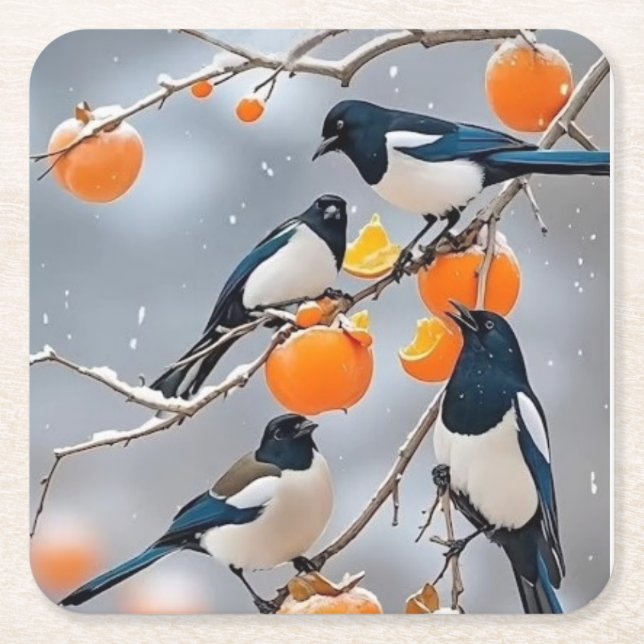 Dessous-de-verre Carré En Papier Oiseaux d'hiver et persimmons (Devant)