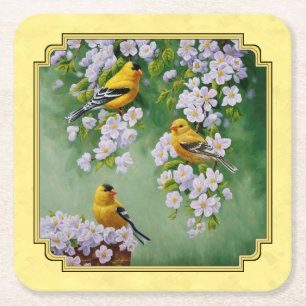Dessous-de-verre Carré En Papier Oiseaux Goldfinch et fleurs de pomme Jaune