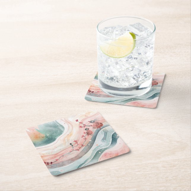 Dessous-de-verre Carré En Papier Oiseaux sur une branche de cœur  (En situation)