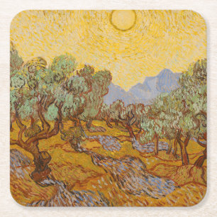 Dessous-de-verre Carré En Papier Oliviers de Van Gogh Soleil Jaune Ciel