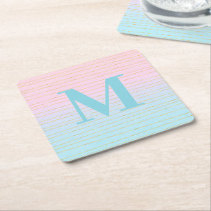 Dessous-de-verre Carré En Papier Ombre bleu rose avec Monogramme de lignes or