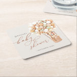 Dessous-de-verre Carré En Papier On Peut Attendre ! Baby shower Carré papier côte<br><div class="desc">On Peut Attendre ! :) Ce petit ours attend la grande fête du bébé, assis dans une montgolfière construite en ballons verts et crème. Des aquarelles fantaisistes et une typographie moderne complètent le design. Personnalisez ce joli Baby shower d'ours avec vos détails de baby shower facilement et rapidement, appuyez sur...</div>