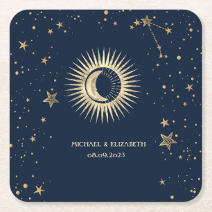 Dessous-de-verre Carré En Papier Or Céleste Soleil Et Lune Étoiles