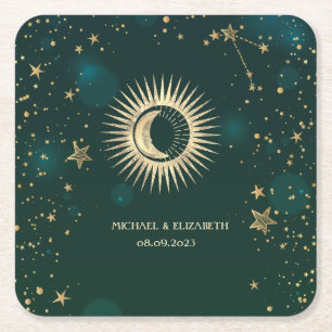 Dessous-de-verre Carré En Papier Or céleste Soleil Et Lune Étoiles Vert