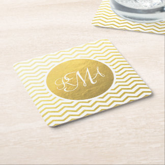 Dessous-de-verre Carré En Papier Or et blanc Chevron Monogrammé Personnalisé