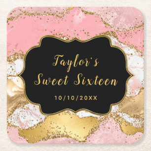Dessous-de-verre Carré En Papier Or et Paillettes Roses Anniversaire Sweet Sixteen