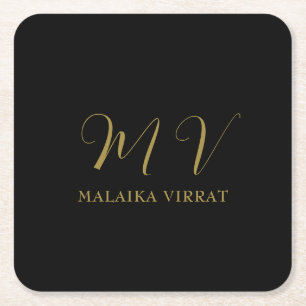 Dessous-de-verre Carré En Papier Or Noir Monogramme Lettre Initiale Nom de Luxe 