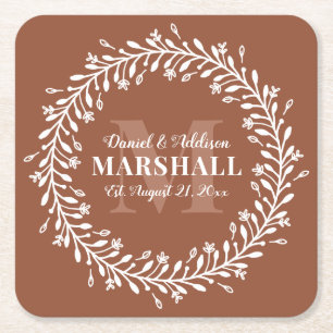 Dessous-de-verre Carré En Papier Orange Nouveau marié Couple Wreath Nom du monogram