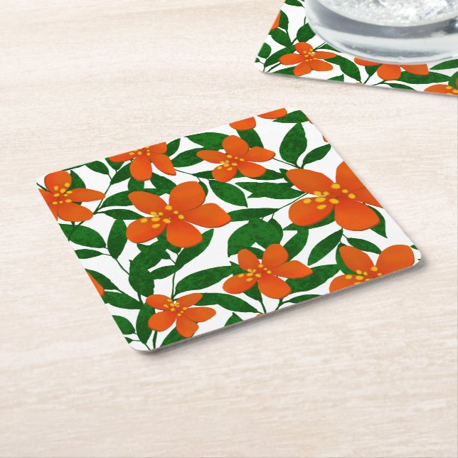 Dessous-de-verre Carré En Papier Orange Rouge Floral Vert Botanique Motif (Incliné)