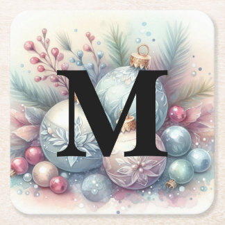 Dessous-de-verre Carré En Papier Ornements de sapin de Noël à monogramme aquarelle