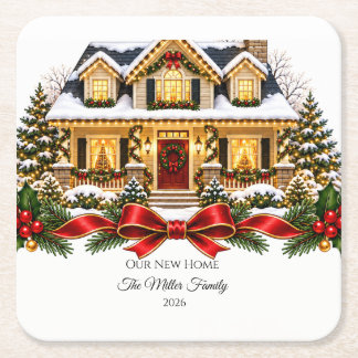 Dessous-de-verre Carré En Papier Our New Home Christmas House with Family Name and