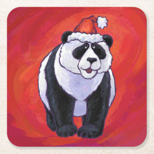 Dessous-de-verre Carré En Papier Ours de panda à Santa Hat sur Rouge