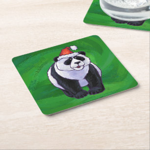Dessous-de-verre Carré En Papier Ours de panda à Santa Hat sur Vert