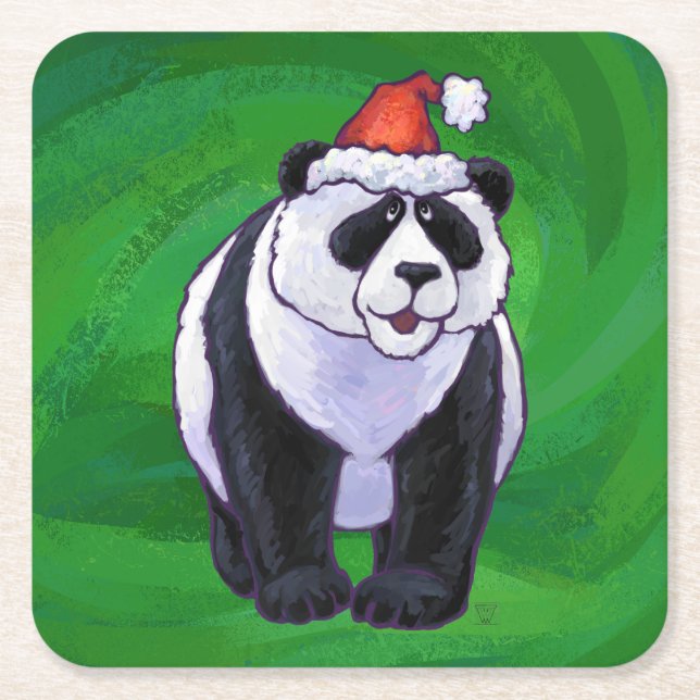 Dessous-de-verre Carré En Papier Ours de panda à Santa Hat sur Vert (Devant)