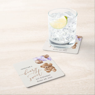 Dessous-de-verre Carré En Papier Ours En Jeu, Ballons Violets, Premier Anniversaire