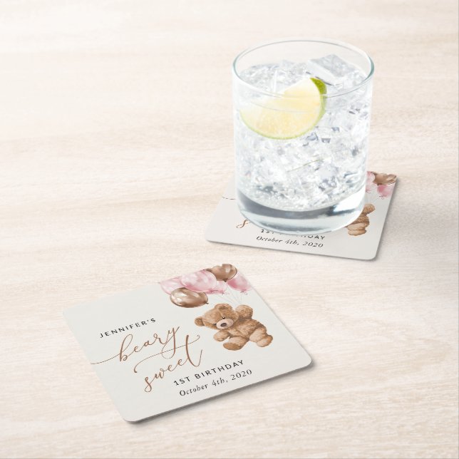 Dessous-de-verre Carré En Papier Ours En Joue, Ballons Roses, Premier Anniversaire (En situation)