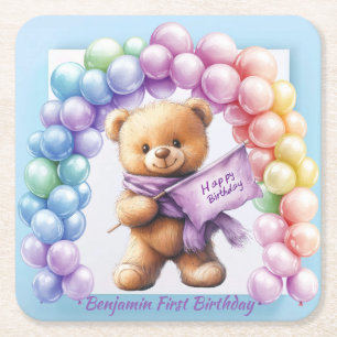 Dessous-de-verre Carré En Papier Ours en peluche 1er anniversaire Ballons colorés
