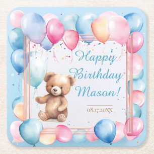 Dessous-de-verre Carré En Papier Ours en peluche Béaire en ballons colorés Premier