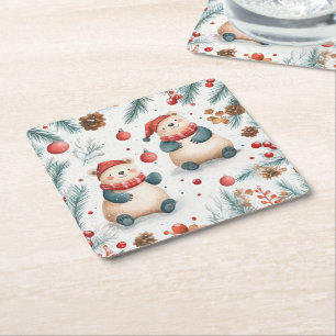 Dessous-de-verre Carré En Papier Ours mignons Pin Et Ornements Rouge Joyeux Noël