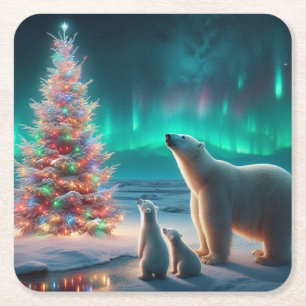 Dessous-de-verre Carré En Papier Ours Polaire Maman Cubs Arbre de Noël Aurora Borea