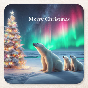 Dessous-de-verre Carré En Papier Ours Polaire Maman Cubs Arbre de Noël Lumières du