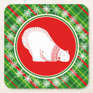 Dessous-de-verre Carré En Papier Ours polaire mignon animal Noël Vert Rouge rouge P