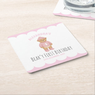 Dessous-de-verre Carré En Papier Ours Préparatoire Rose Premier Anniversaire Beary