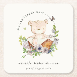 Dessous-de-verre Carré En Papier Ours Teddy Mignonne Dans Panier Fleur Baby shower 