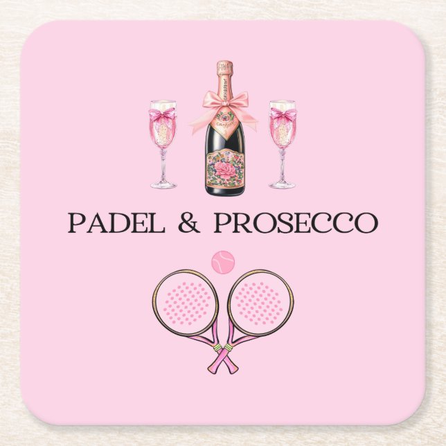 DESSOUS-DE-VERRE CARRÉ EN PAPIER PADEL COASTER: PADEL & PROSECCO CLASSIC PINK/BLACK (Devant)