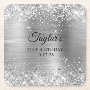 Dessous-de-verre Carré En Papier Paillettes Argentées Anniversaire 21 Ans