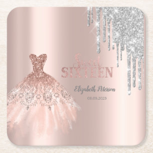 Dessous-de-verre Carré En Papier Paillettes argentées cool gouttes,robe rose or