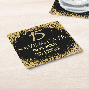 Dessous-de-verre Carré En Papier Paillettes d'or noir 15e anniversaire Enregistrer