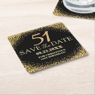 Dessous-de-verre Carré En Papier Paillettes d'or noir 51e anniversaire Enregistrez