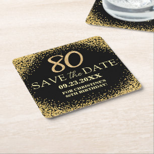 Dessous-de-verre Carré En Papier Paillettes d'Or Noir 80e Anniversaire Enregistrez