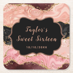 Dessous-de-verre Carré En Papier Paillettes noires et roses Agate Sweet Sixteen