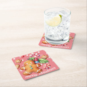 Dessous-de-verre Carré En Papier Pain d'épices Noël Peppermenthe bleu Nom rose